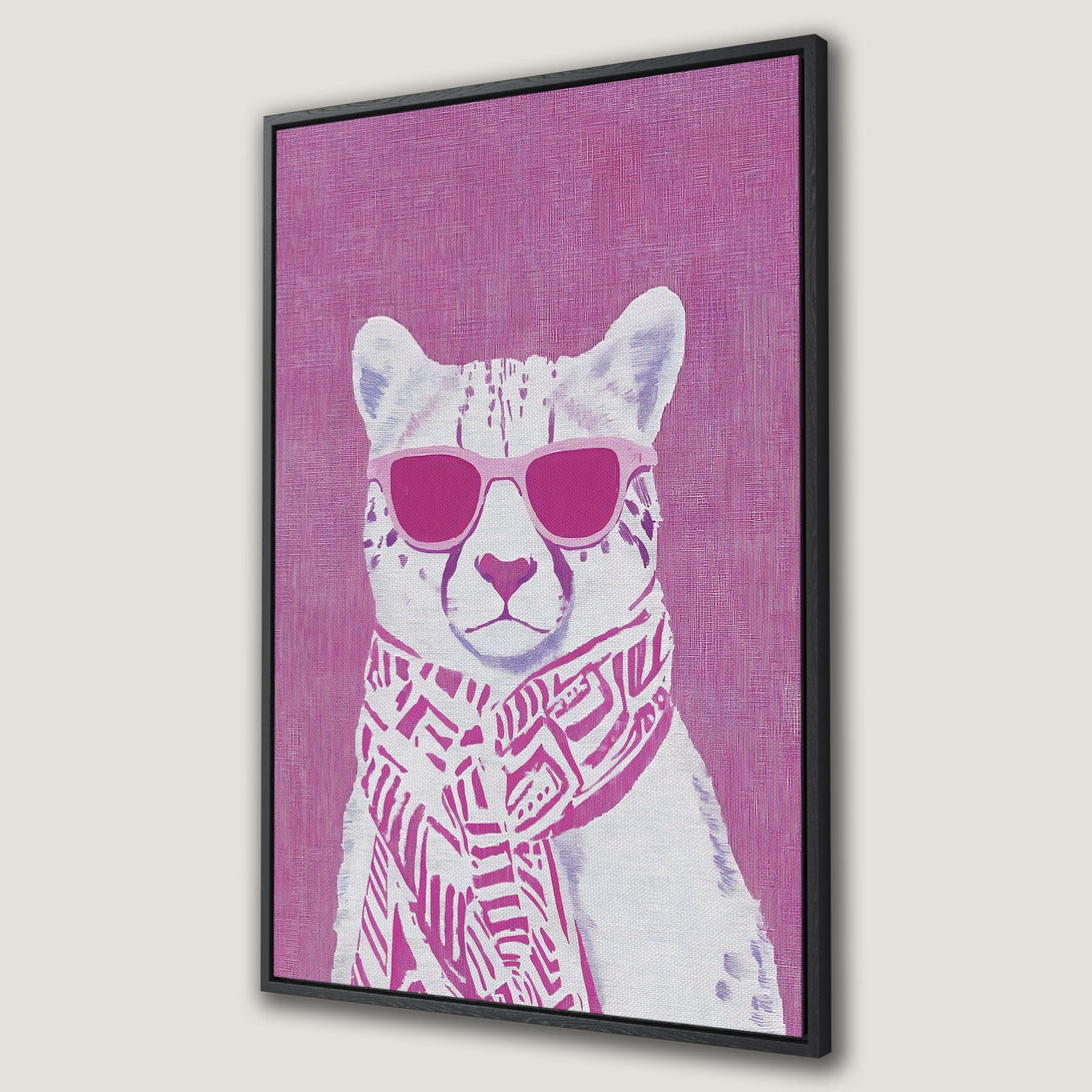 Framed Wall Art featuring a stylish cheetah wearing sunglasses and a scarf, pop art style, with a vibrant pink color palette. Add a touch of fun to your space!