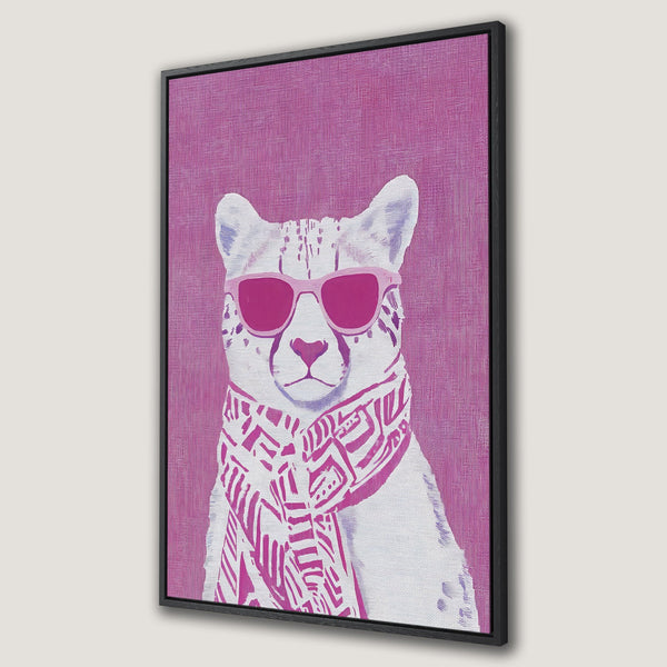 Framed Wall Art featuring a stylish cheetah wearing sunglasses and a scarf, pop art style, with a vibrant pink color palette. Add a touch of fun to your space!