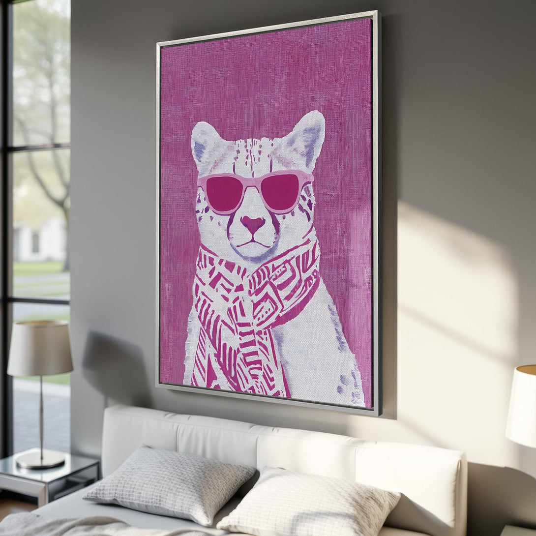 Framed Wall Art: Funky cheetah in pink sunglasses and scarf. Pop art style, vibrant pink and white palette. Perfect for adding personality to your space!