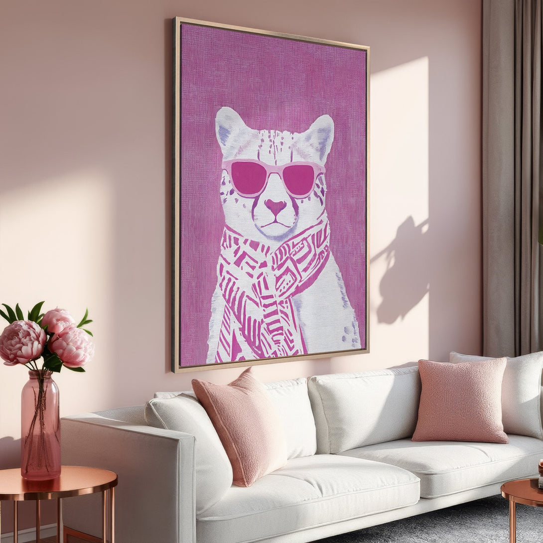 Framed Wall Art: Pop art cheetah in pink sunglasses. Stylish canvas print in a pink and white color palette, perfect for modern home decor.