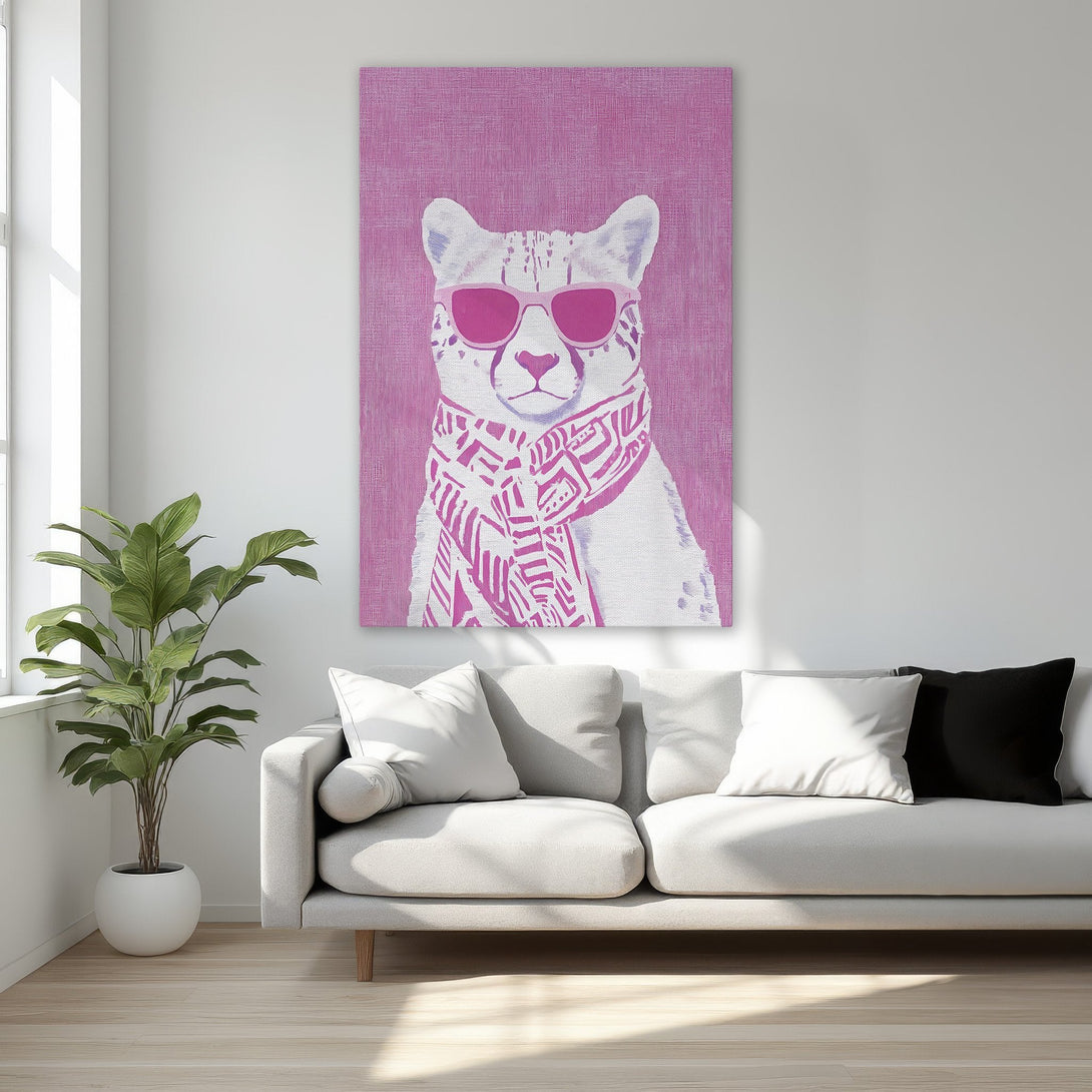 Framed Wall Art: Pop art cheetah portrait with pink sunglasses and scarf. Stylish canvas print in a vibrant pink and white color palette. Perfect for modern decor.