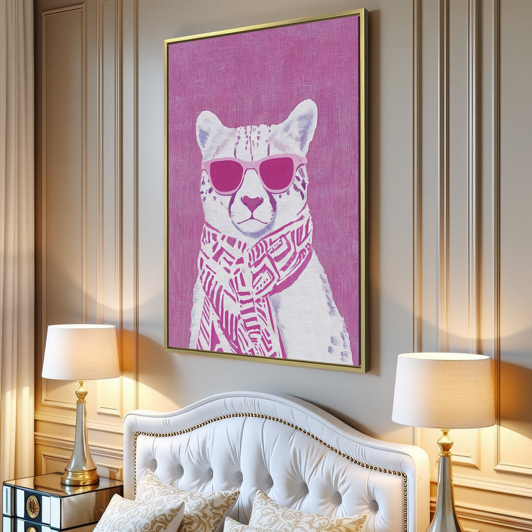 Canvas Print of a cheetah wearing sunglasses and scarf, pop art style, pink and white color palette, perfect wall decor.