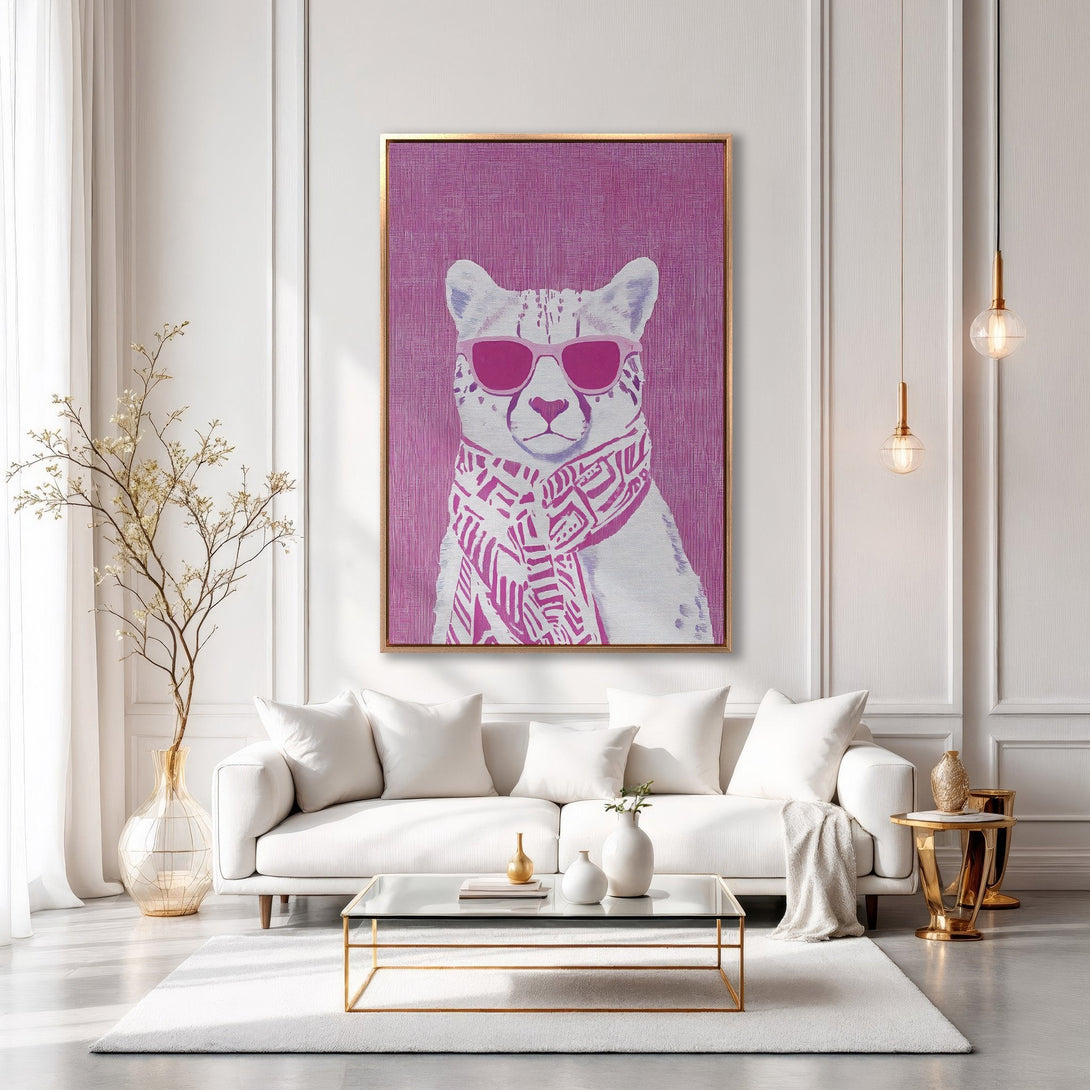 Framed Wall Art: Cool cheetah in pink sunglasses & scarf. Pop art style, vivid pink & white color palette. Perfect for modern home decor.