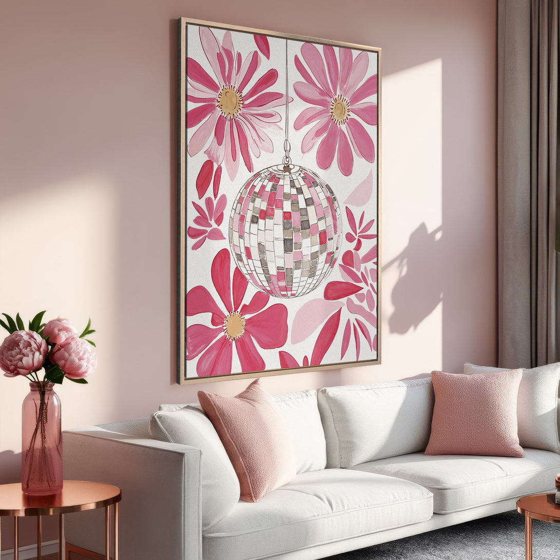 Framed Wall Art: Watercolor floral print with disco ball, pink & white palette. Perfect for adding a touch of modern art to your living room decor.