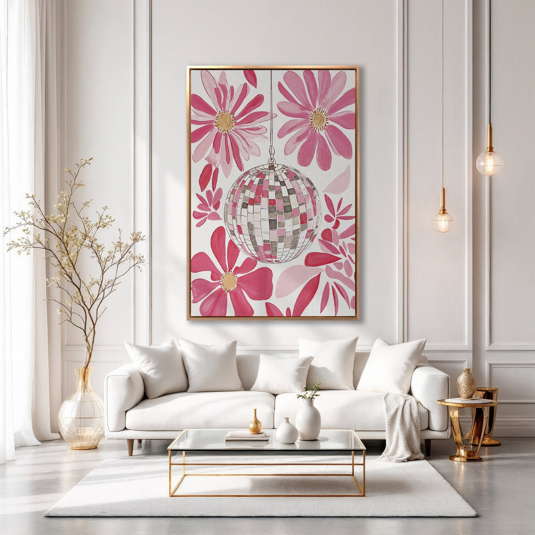 Framed Wall Art: Pink floral and disco ball print in a gold frame. Modern, feminine decor in a white and pink color palette. Perfect for living rooms.