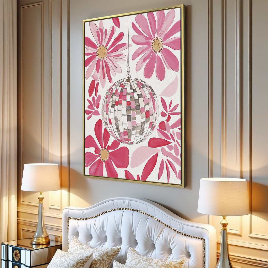 Canvas Print featuring a whimsical floral design with a disco ball, in a pink and white color palette. Perfect for adding a pop of fun to any space!