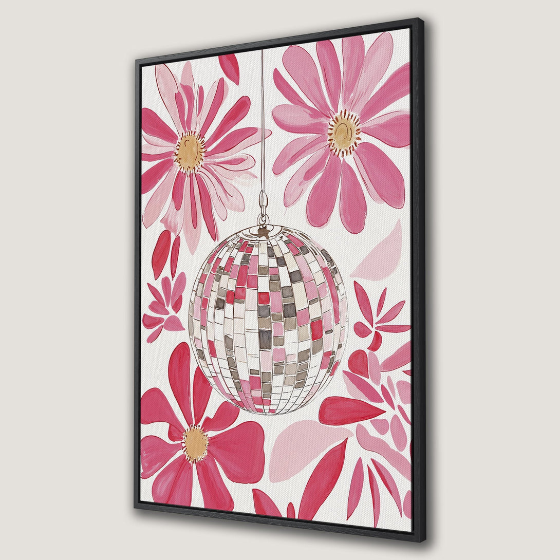 Framed Wall Art featuring a disco ball and floral design in a watercolor style. Pink and red hues create a vibrant, modern aesthetic for home decor.