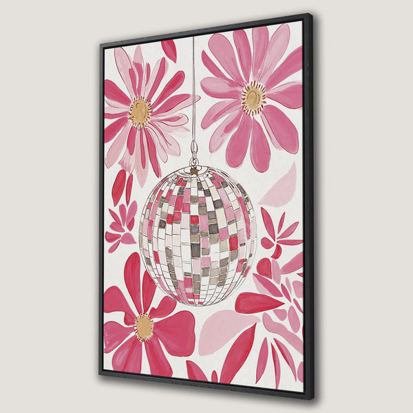 Framed Wall Art featuring a disco ball and floral design in a watercolor style. Pink and red hues create a vibrant, modern aesthetic for home decor.