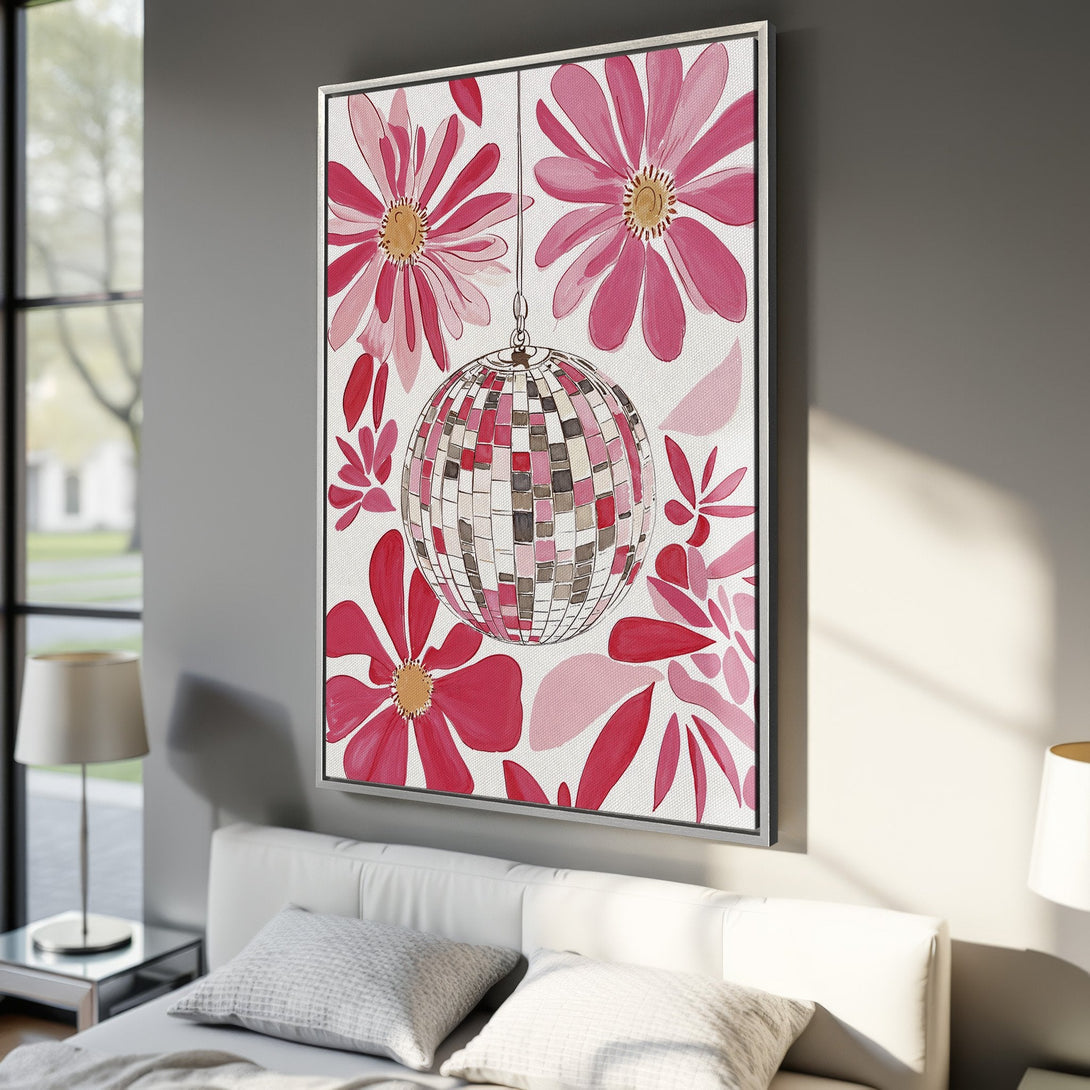 Framed Wall Art featuring a disco ball and floral design in a pink and red color palette. Modern art for bedroom decor.