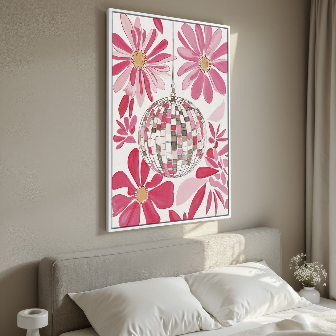 Framed Wall Art featuring a vibrant floral and disco ball design in pink hues. Perfect for adding a pop of color and a touch of fun to any bedroom decor.