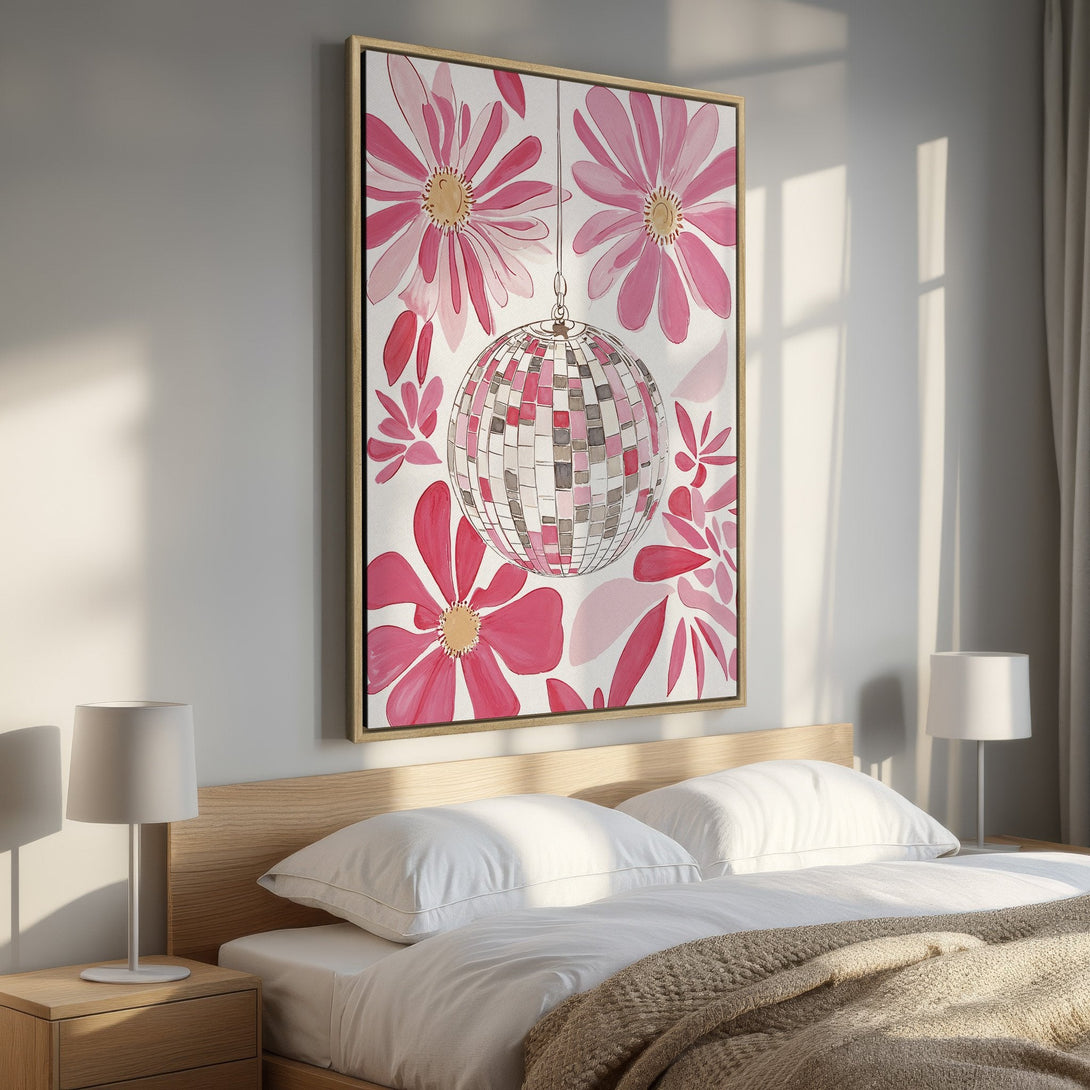 Framed Wall Art: Pink floral and disco ball design. Modern, watercolor-style art in a bedroom setting. Pink, white, and gold color palette.