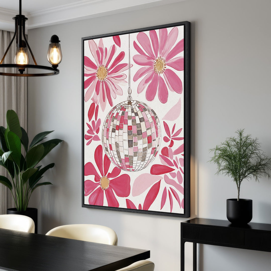 Framed Wall Art featuring a disco ball and pink floral design. Modern, colorful Canvas Print perfect for adding a pop of style to any room.