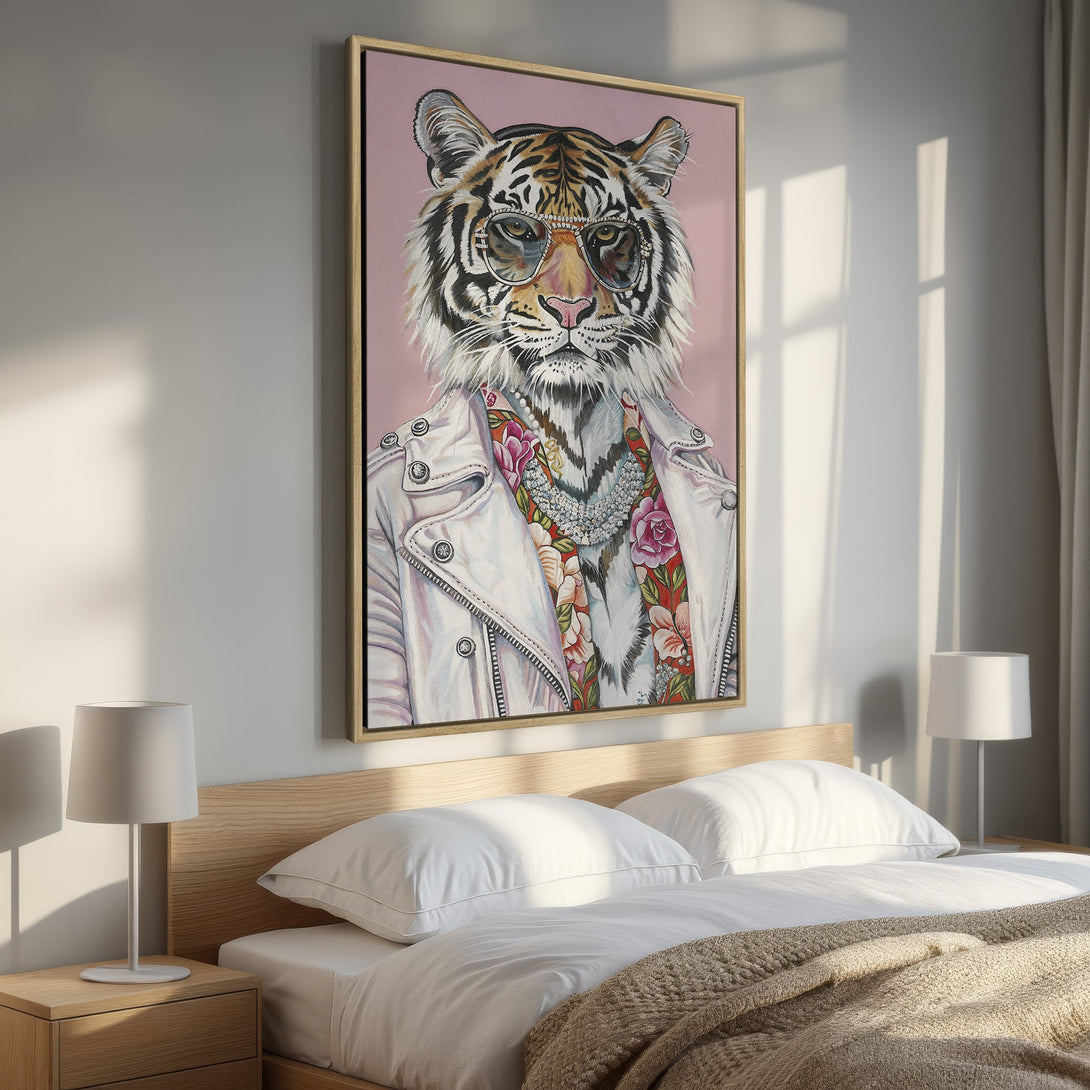 Framed Wall Art: Hipster tiger portrait in a bedroom. Bold, colorful canvas print with a pink background and a stylish, modern design. Perfect for home decor.