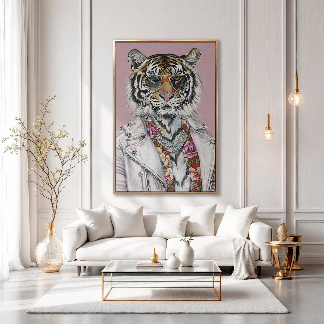 Framed Wall Art: Stylish tiger portrait in sunglasses with a pink background. Modern art in a white and gold interior. Shop now for unique wall decor!