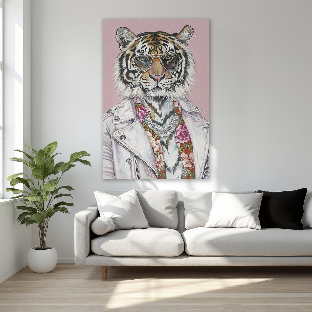 Framed Wall Art: Stylish tiger portrait with sunglasses, wearing a jacket, on a pink background. Modern, chic decor in a gold frame.