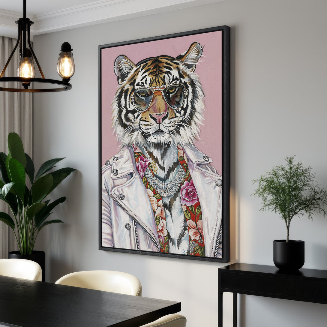 Framed Wall Art: Stylish tiger portrait with sunglasses, white jacket, and pink background. Modern decor with bold color palette. Shop unique wall art!