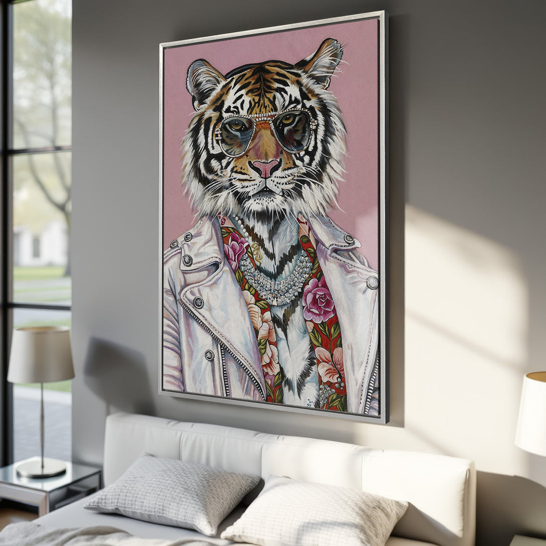 Framed Wall Art: Stylish tiger portrait with sunglasses, white jacket, and pink background. Modern art for home decor. Unique and eye-catching canvas print.
