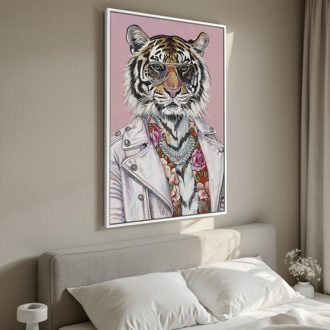 Framed Wall Art: Stylish tiger in sunglasses, wearing a white jacket, on a pink background. Modern, colorful art for your home.