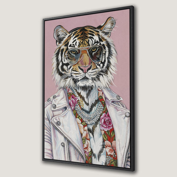 Framed Wall Art featuring a stylish tiger wearing sunglasses and a white jacket, set against a pink background. A unique and colorful piece for your home decor.