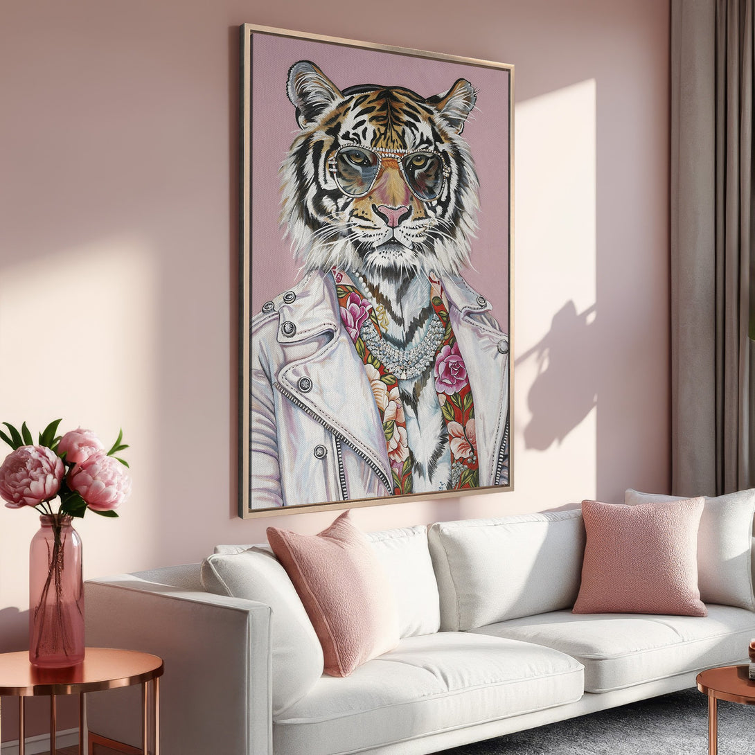 Framed Wall Art featuring a stylish tiger in sunglasses. Modern, pink and white color palette. Perfect for adding a touch of personality to your space.