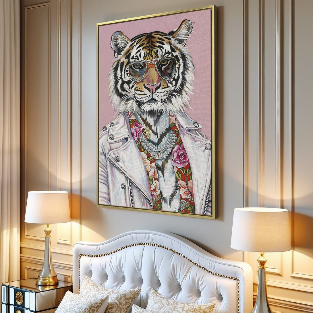 Canvas Print of a stylish tiger in sunglasses, white jacket, and floral shirt against a pink backdrop. Modern art with a vibrant, colorful palette.