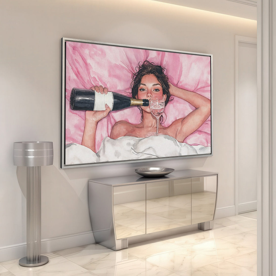 Framed Wall Art of a woman with champagne, watercolor style, pink & white palette. Perfect for modern home decor.