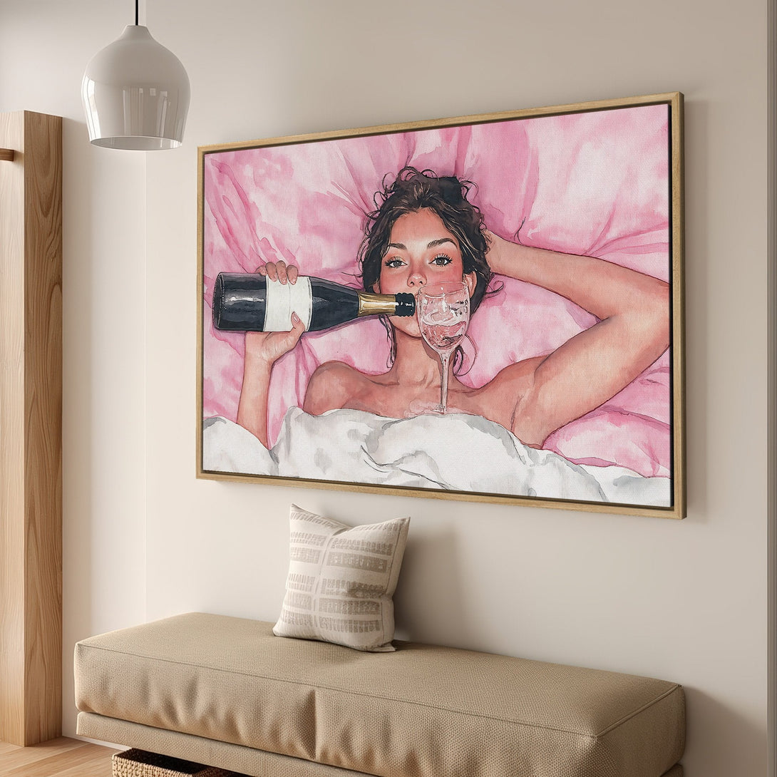 Framed Wall Art: Watercolor painting of woman with champagne. Pink and neutral tones. Modern, stylish wall decor for bedroom or living room.