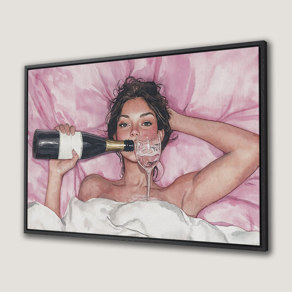 Canvas Print of a woman enjoying champagne in bed. Watercolor style with pink and neutral tones. Modern wall art for a chic interior.