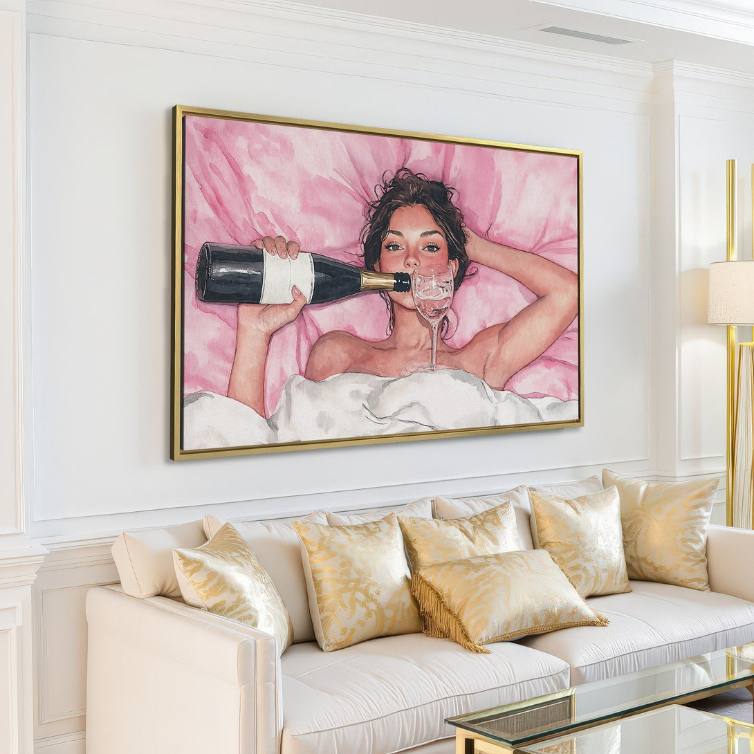 Canvas Print: Watercolor woman with champagne in a pink bedroom, perfect for adding a touch of elegance to your home decor.
