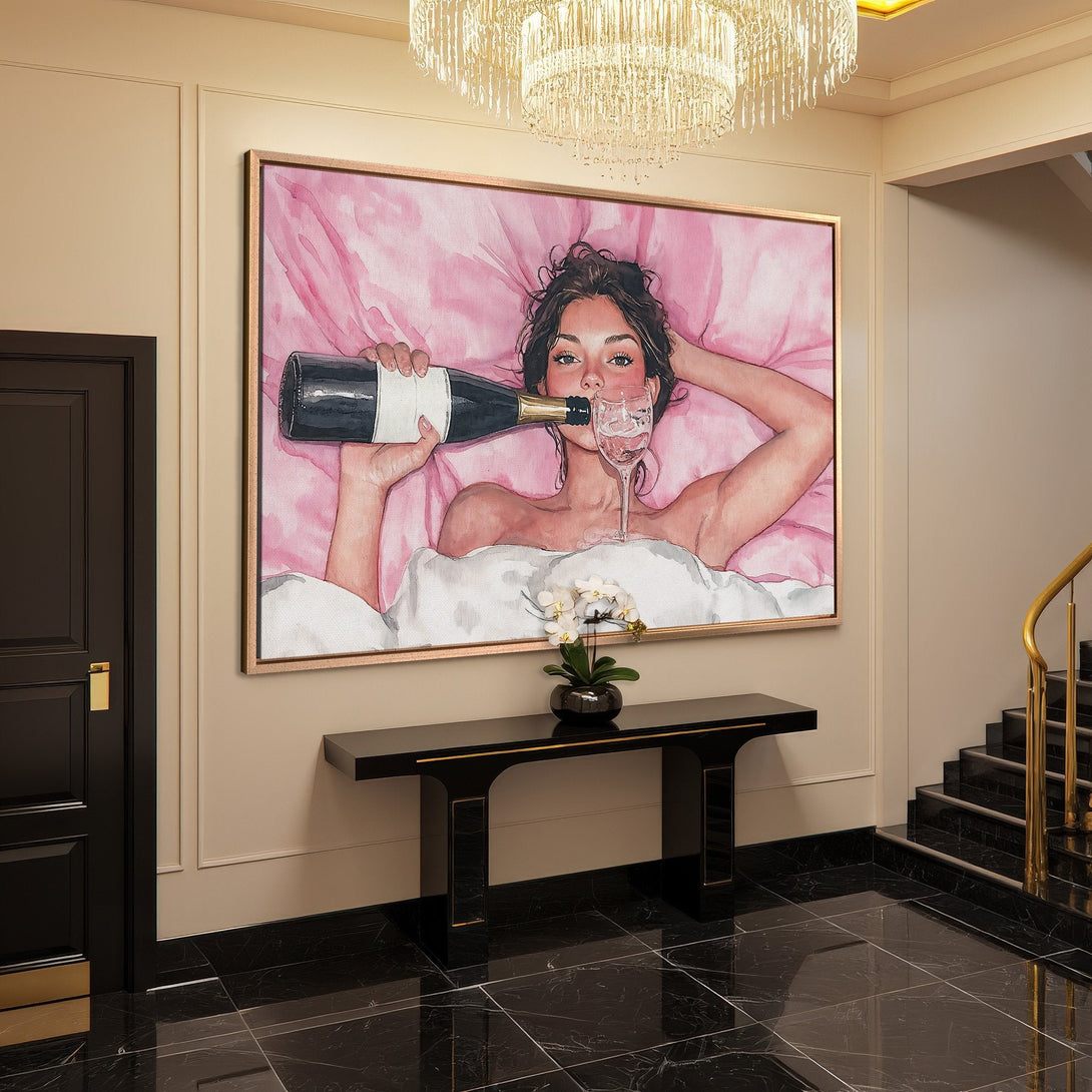 Framed Wall Art: Watercolor-style portrait of woman with champagne bottle, pink & white palette. Perfect for modern home decor.