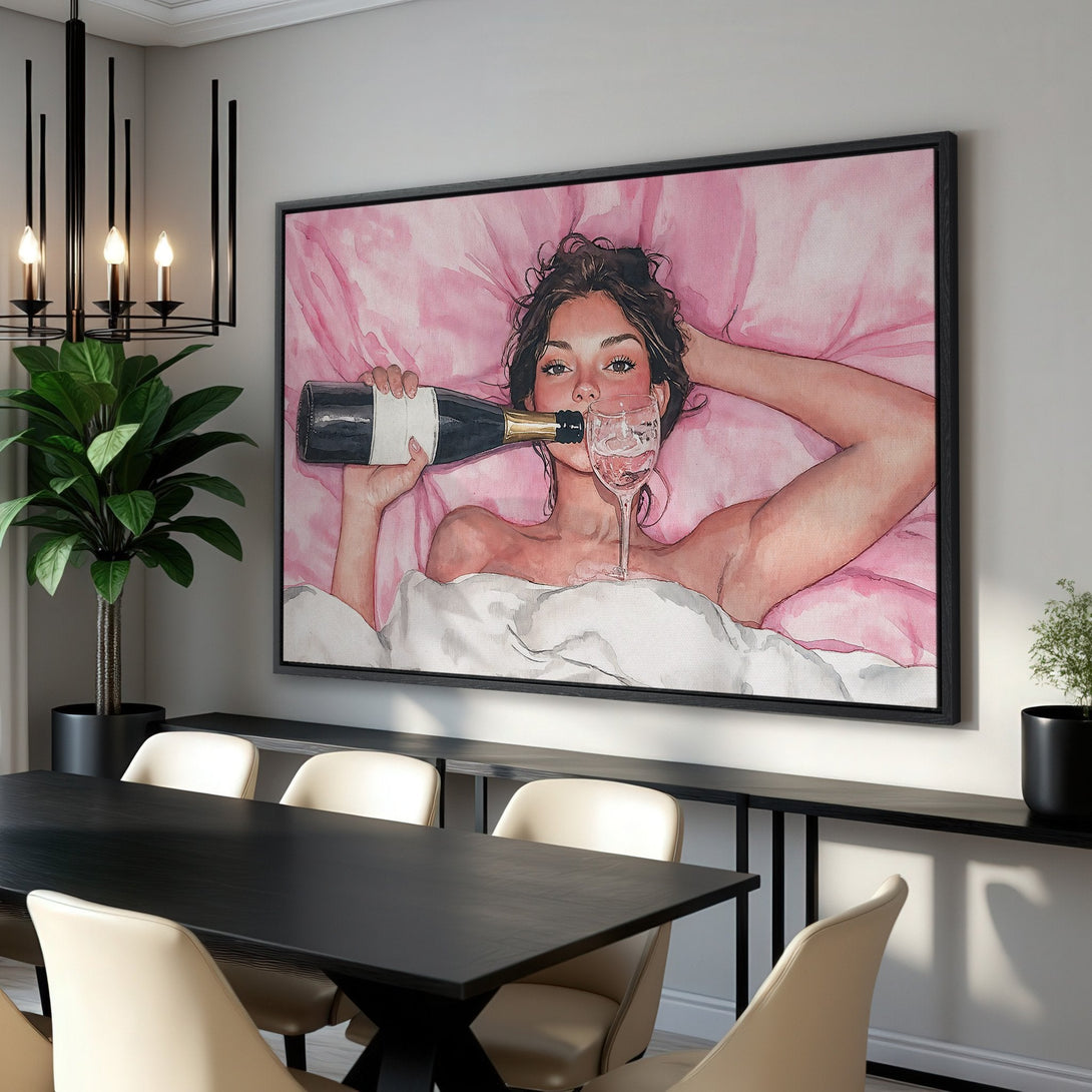 Framed Wall Art: Watercolor of woman with champagne in pink tones. Modern art canvas print for bedroom or living room decor.