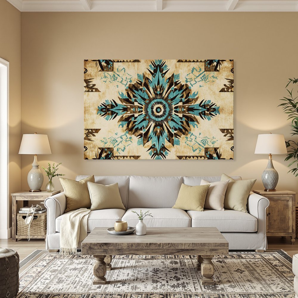 Framed Wall Art: Turquoise and brown geometric design Canvas Print. Adds a pop of color to any room. Perfect for modern or bohemian decor.
