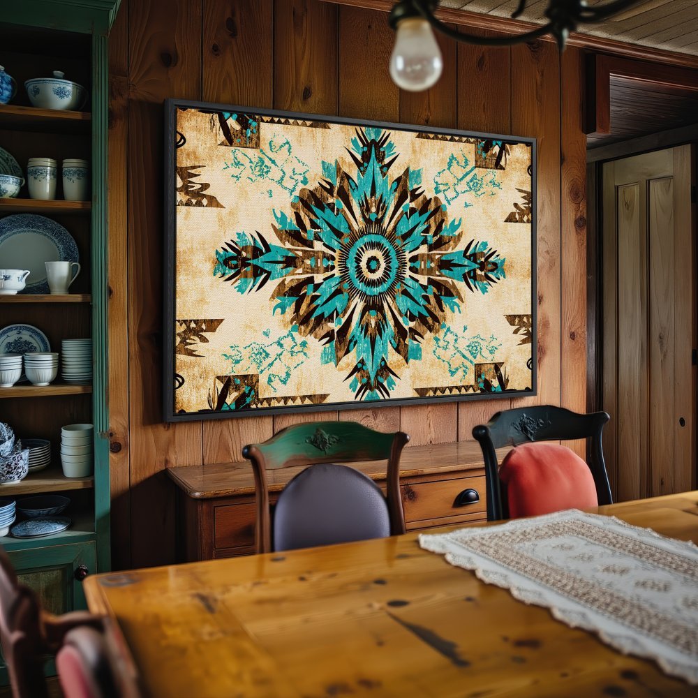 Framed Wall Art: Geometric turquoise and brown design on canvas, adding rustic charm to your dining room. Shop now!