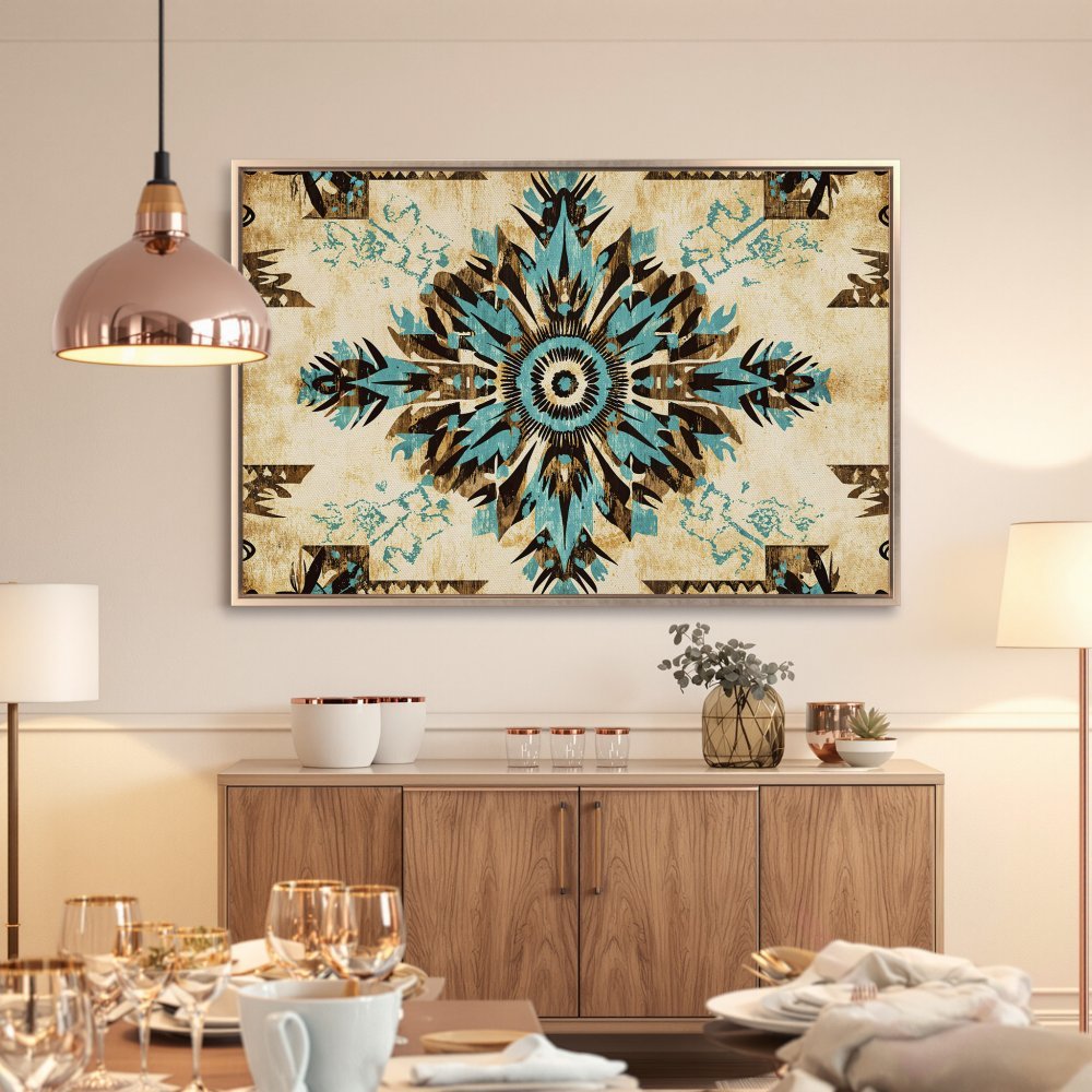 Framed Wall Art featuring a turquoise and brown geometric design. Perfect for adding a touch of bohemian style to your home decor.