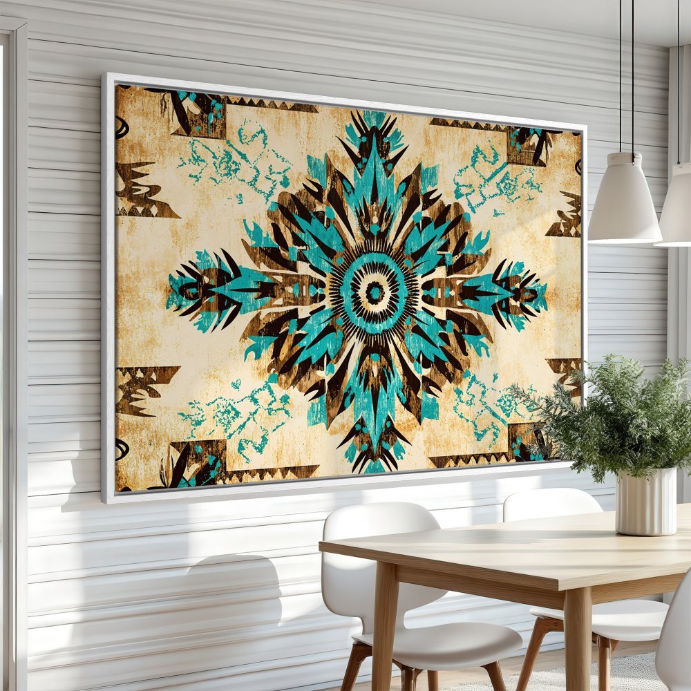 Framed Wall Art: Turquoise & brown mandala canvas print. Boho style artwork with cream background. Perfect for dining room decor.