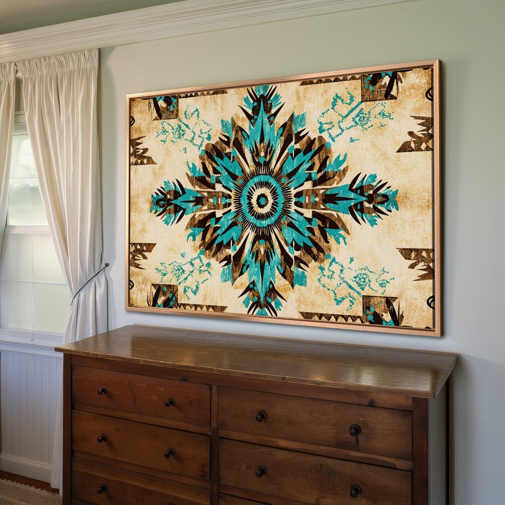 Framed Wall Art: Turquoise & brown geometric design Canvas Print. Boho style art with neutral beige background. Perfect home decor.