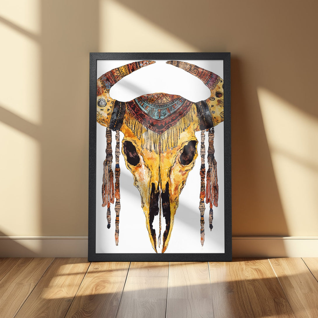 Framed Poster featuring a watercolor-style bull skull with tribal design in warm yellow, orange, and brown tones. Perfect wall art!