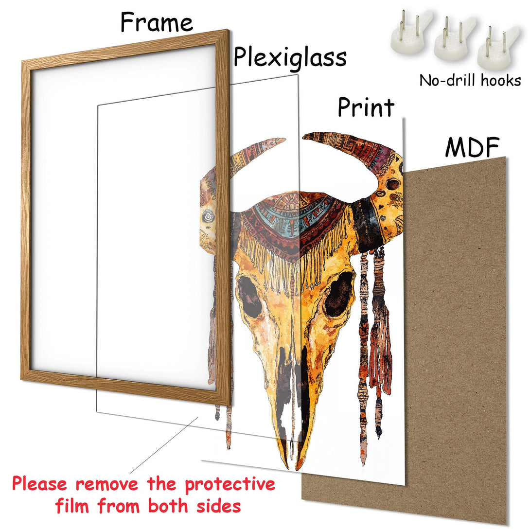 Framed Poster featuring a watercolor skull art print in warm orange and brown tones. Perfect wall decor!