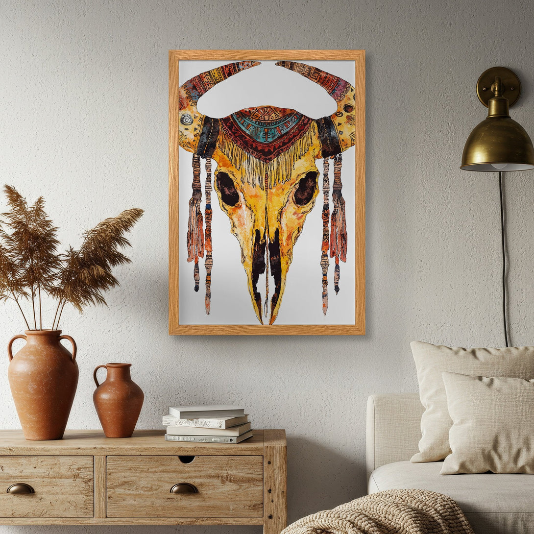Framed Poster featuring a watercolor-style skull with tribal details. Earthy tones of yellow, orange, and brown create a warm, inviting aesthetic. Perfect wall art!
