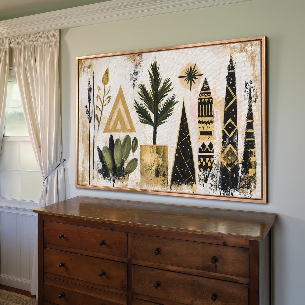 Framed Wall Art featuring abstract botanical design in gold, black, and green. Modern canvas print adds a stylish touch to any interior.