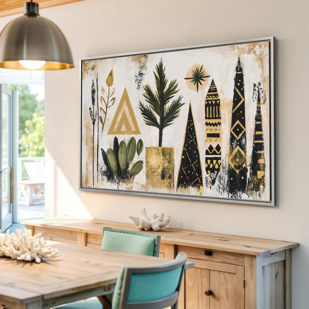 Framed Wall Art: Abstract botanical print with gold, black, and green accents. Modern art for your home decor.