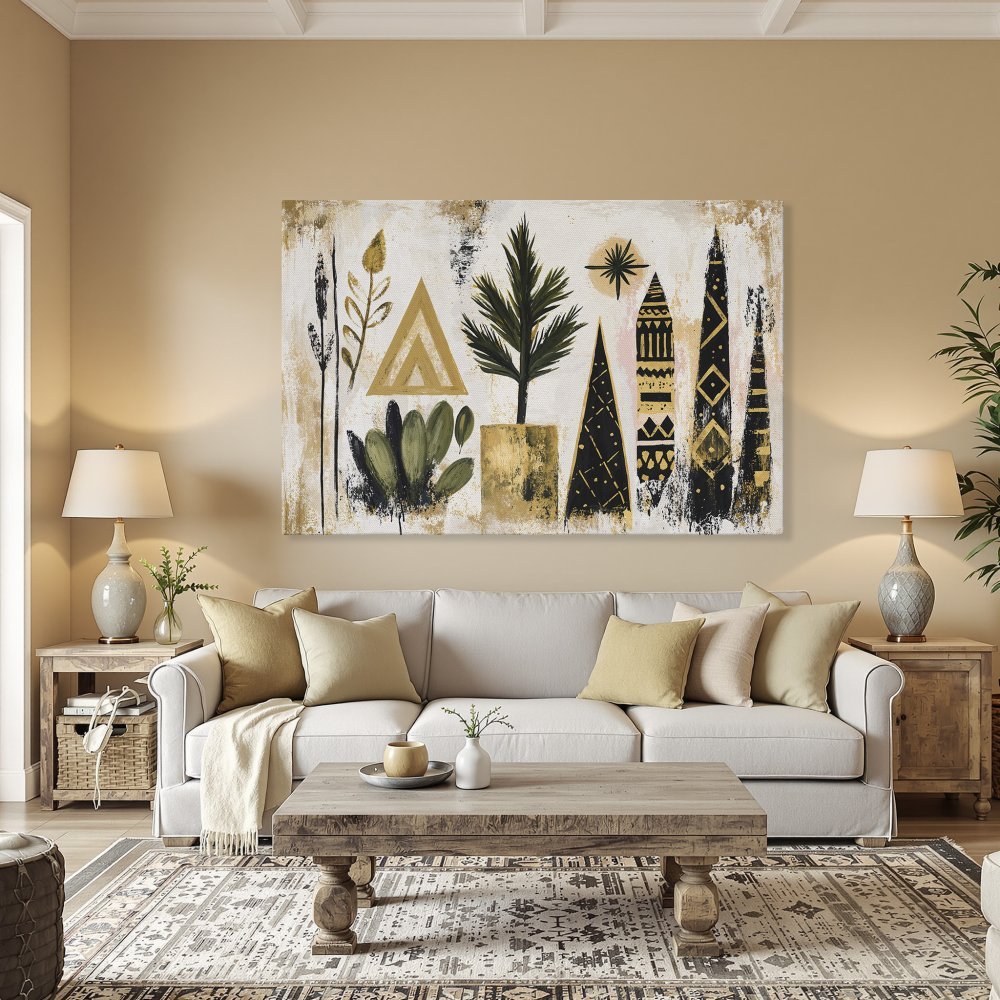Abstract Canvas Print with botanical elements in black, gold, and green. Modern framed wall art for a stylish interior.