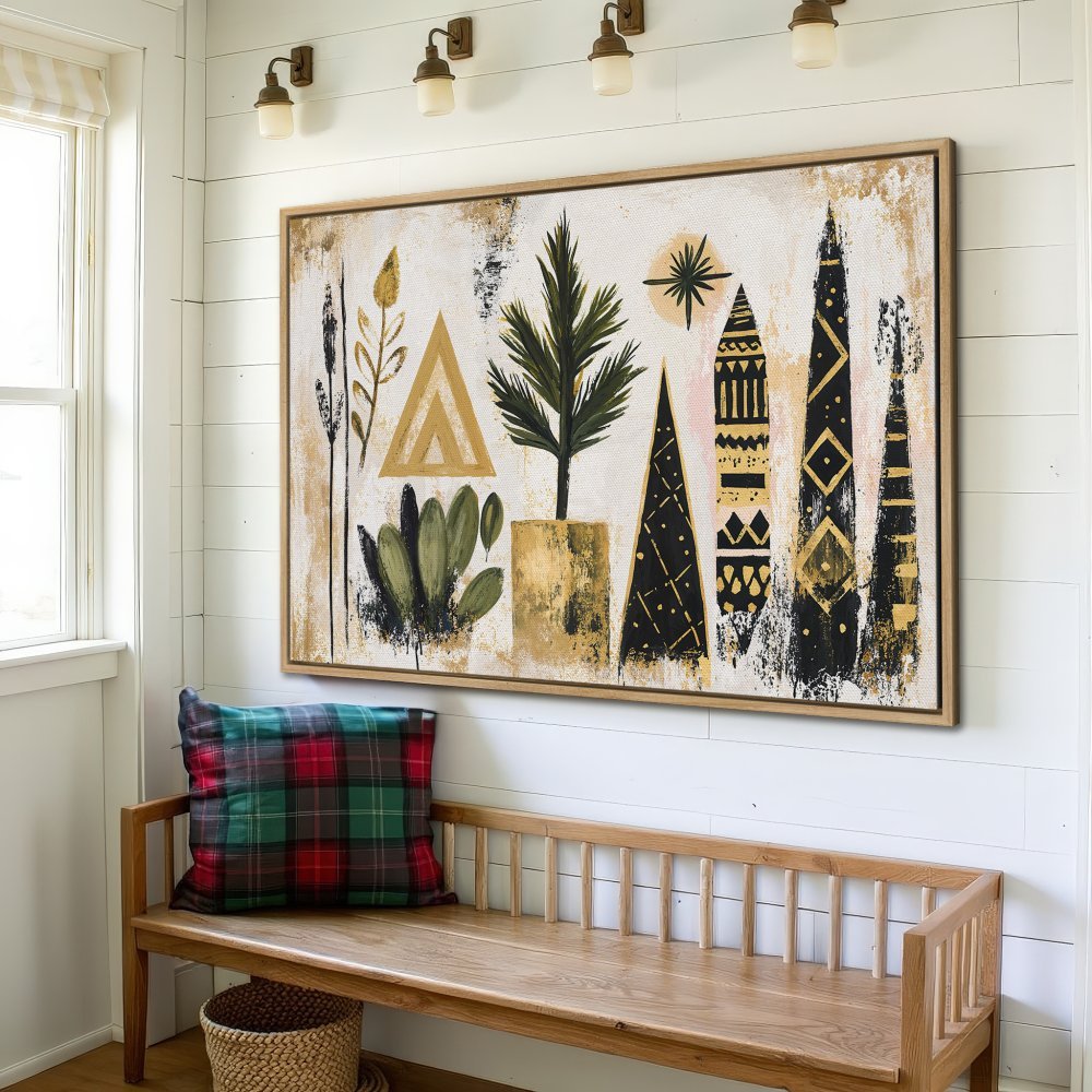 Abstract Canvas Print with geometric shapes in gold, black, and green. Modern art for your home decor.