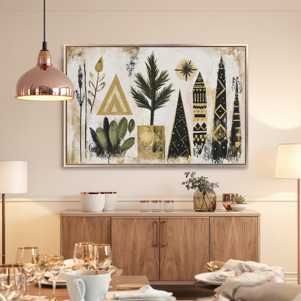 Abstract Canvas Print with gold frame, featuring botanical shapes in a modern style with a neutral color palette, perfect for home decor.