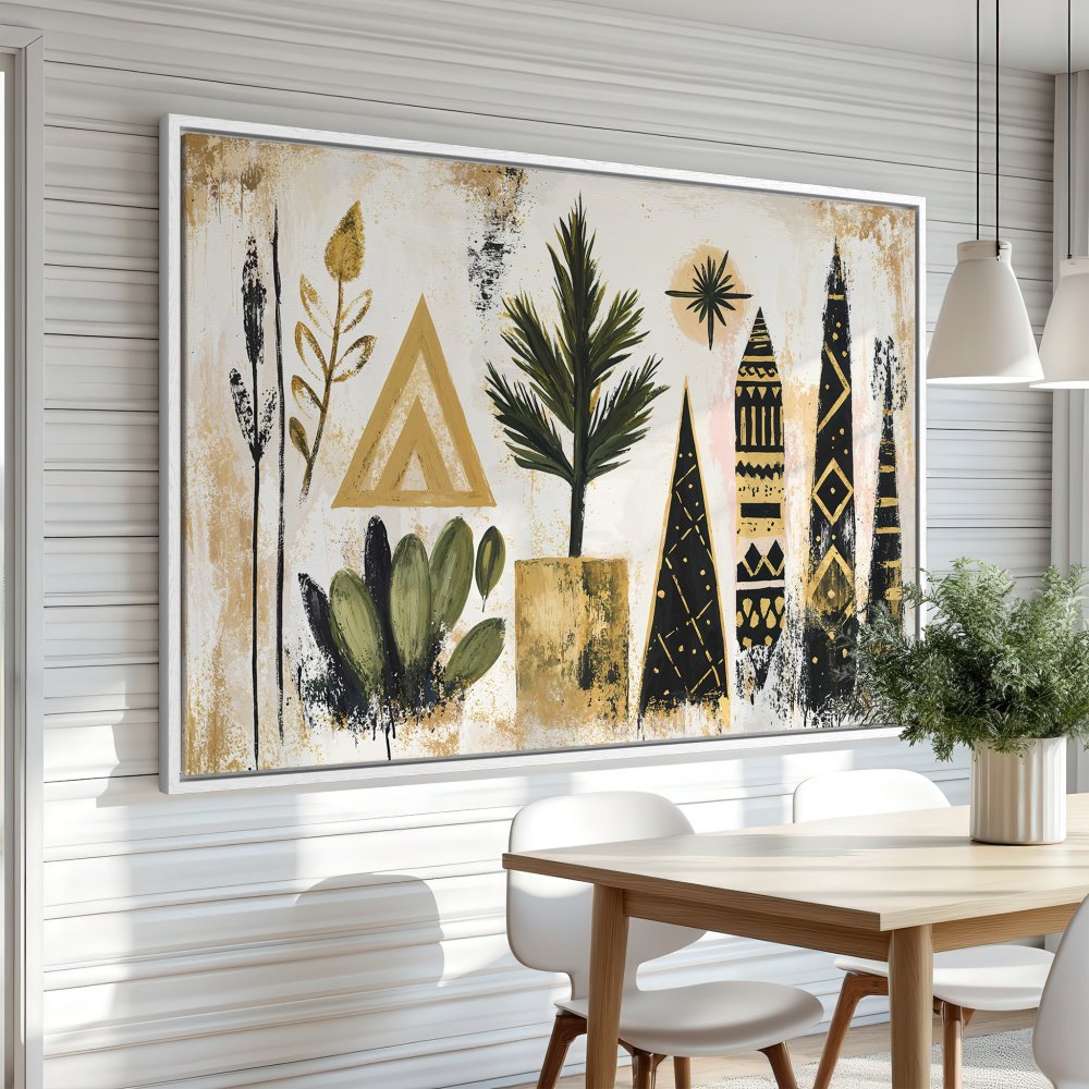 Abstract Canvas Print with botanical elements in gold, black, and green. Modern art for your home!