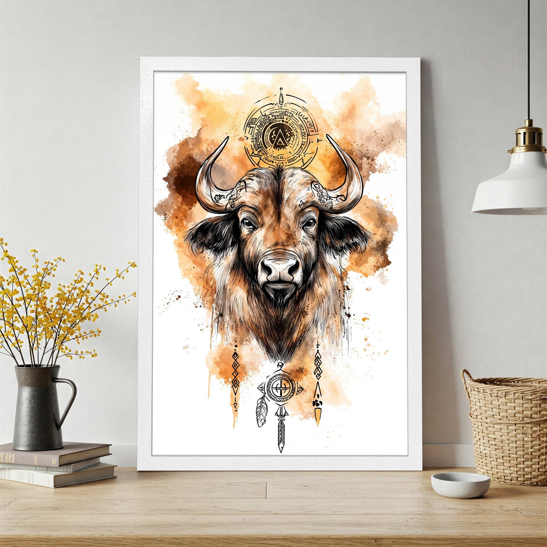 Framed Poster featuring a watercolor-style bull with tribal accents. Earthy brown and orange color palette, perfect for home decor.