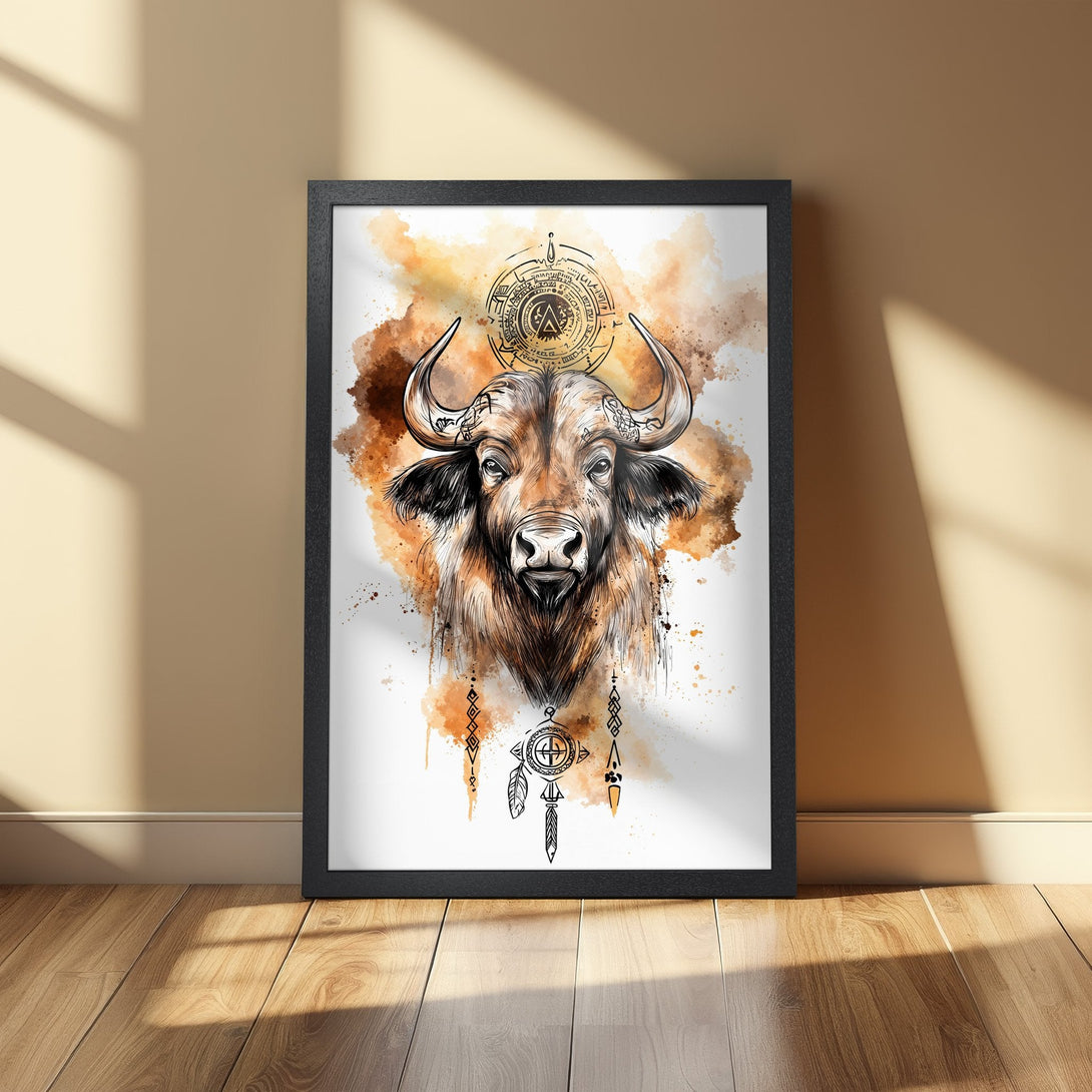 Framed Poster featuring a watercolor style bull illustration in earthy tones. Perfect wall art for a rustic or bohemian home.