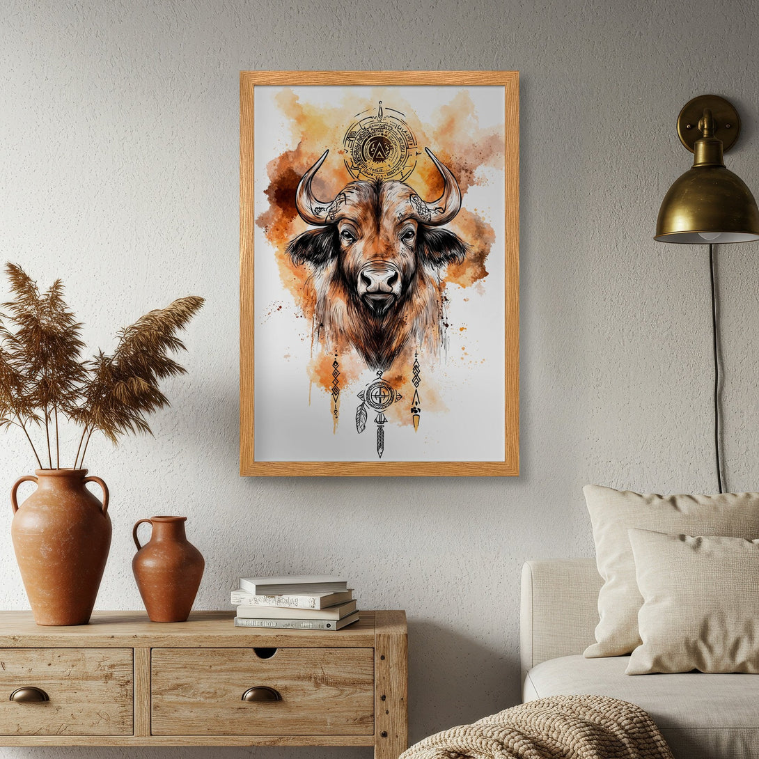 Framed Poster featuring a watercolor style bull in warm orange tones. Perfect wall art for a rustic or bohemian decor.