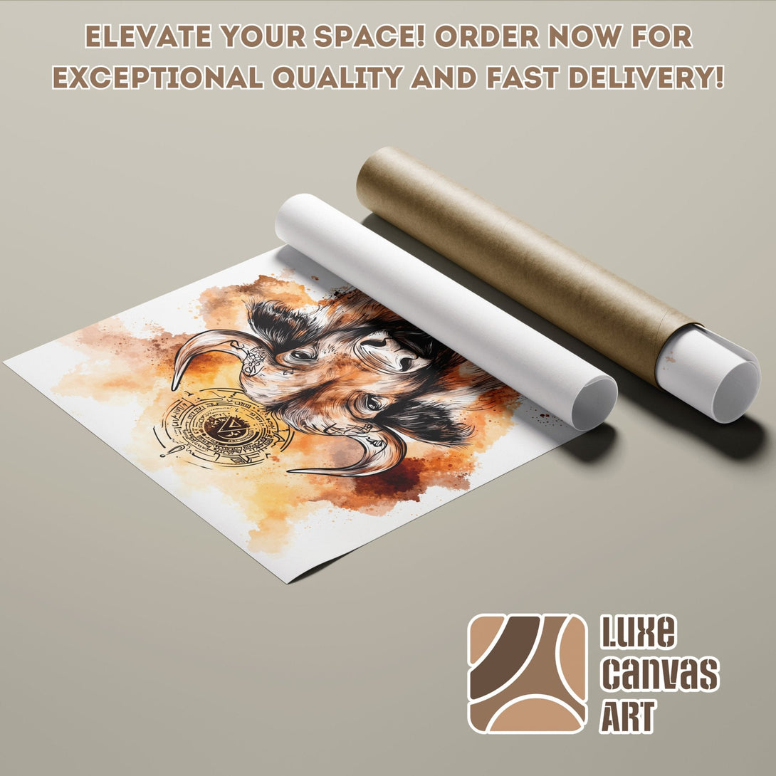 Poster Roll featuring a watercolor bull illustration, warm brown tones. Elevate your space with this unique art poster!