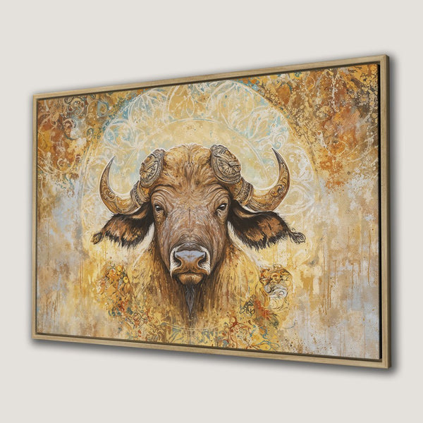 Framed Wall Art: Majestic buffalo portrait in warm earth tones. Boho style Canvas Print adds a touch of the wild to your decor.